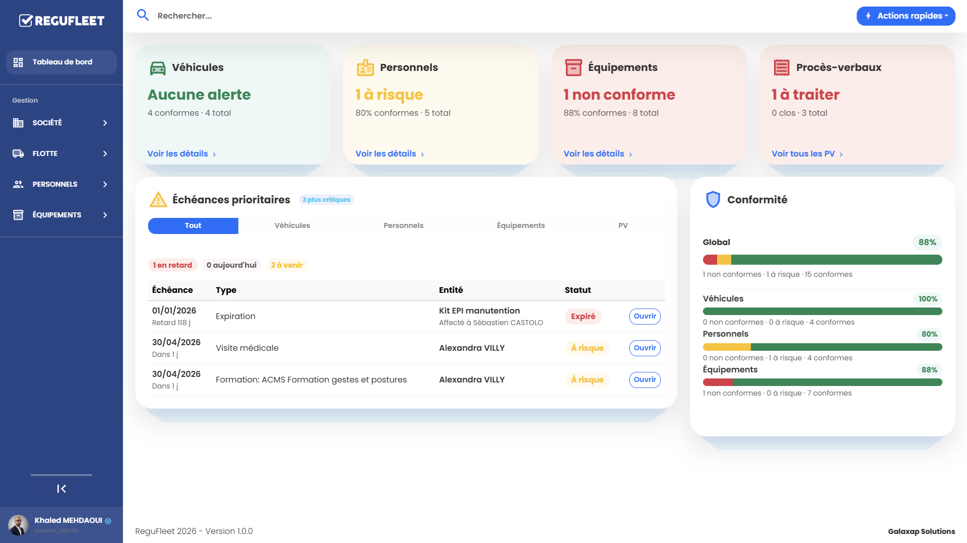 Capture d'écran ReguFleet affichant les alertes et les échéances à surveiller.